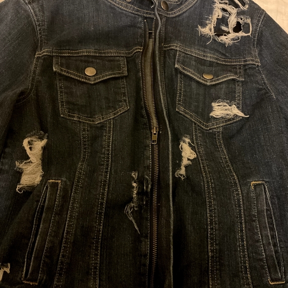 SEXY WOMENS RIPPED/DESTROYED CHRISTOPHER & BANKS LG BLUE DENIM FULL ZIP JACKET - Picture 6 of 14
